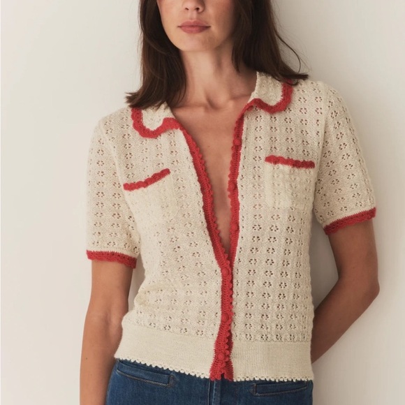 Doen Gloriana Alpaca Silk Collar Crochet Knit Button Sweater Top Moonstone Red - Picture 3 of 14